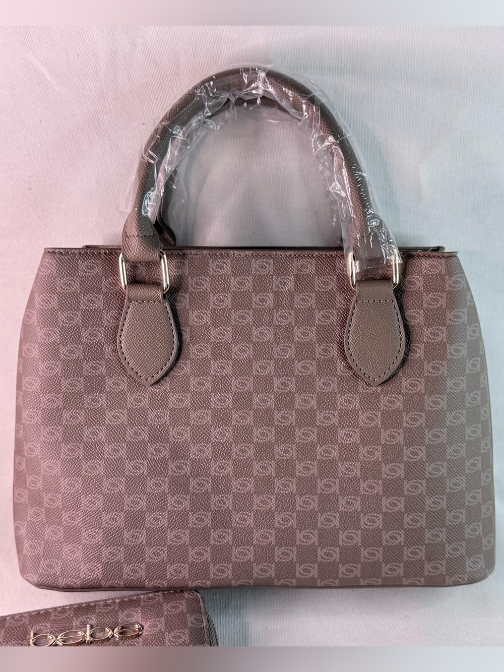 bebe Taupe Logo Satchel with Matching Wallet and keychain - Picture 2 of 15
